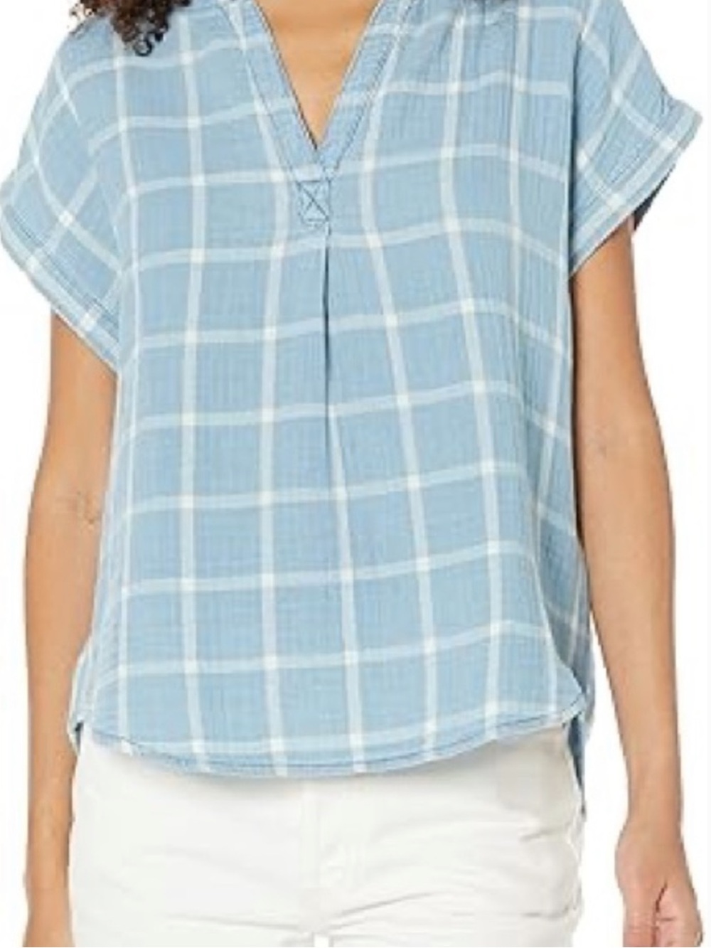 Lucky Brand | Women’s Light Blue/White Plaid Split-Neck Gauze Cap Sleeve Top M